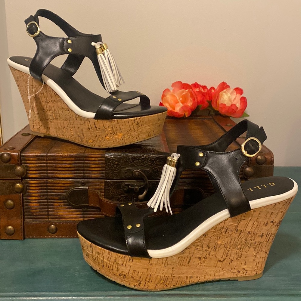 G.I.L.I. Kate Black Leather Tassel Cork Wedge Platform Shoes